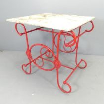 A French rectangular marble patisserie table on painted wrought iron base. 85x85x80cm Top is