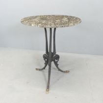 A French weathered marble topped bistro table on cast iron base. 55x71m. A crack visible to the