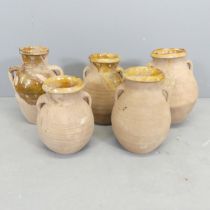 WITHDRAWN - Five various French terracotta drip-glazed confit pots. Tallest 34cm.