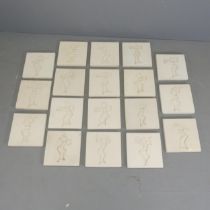 Eighteen Intaglio carved limestone panels, depicting Legong dance poses, taken from the drawings