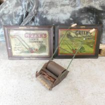 A Webb children's / advertising lawn mower, and 2 vintage Green's tin advertising boards. (3).