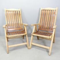 ALEXANDER ROSE - A pair of roble wood Bengal reclining lounge chairs, with maker's plaques to rear