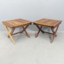 ALEXANDER ROSE - A pair of stained teak folding garden tables, with makers plaques. 49x41cm.