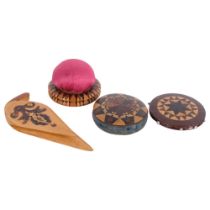A group of Tunbridge Ware decorated items, including 2 circular pin cushions, bookmark, and