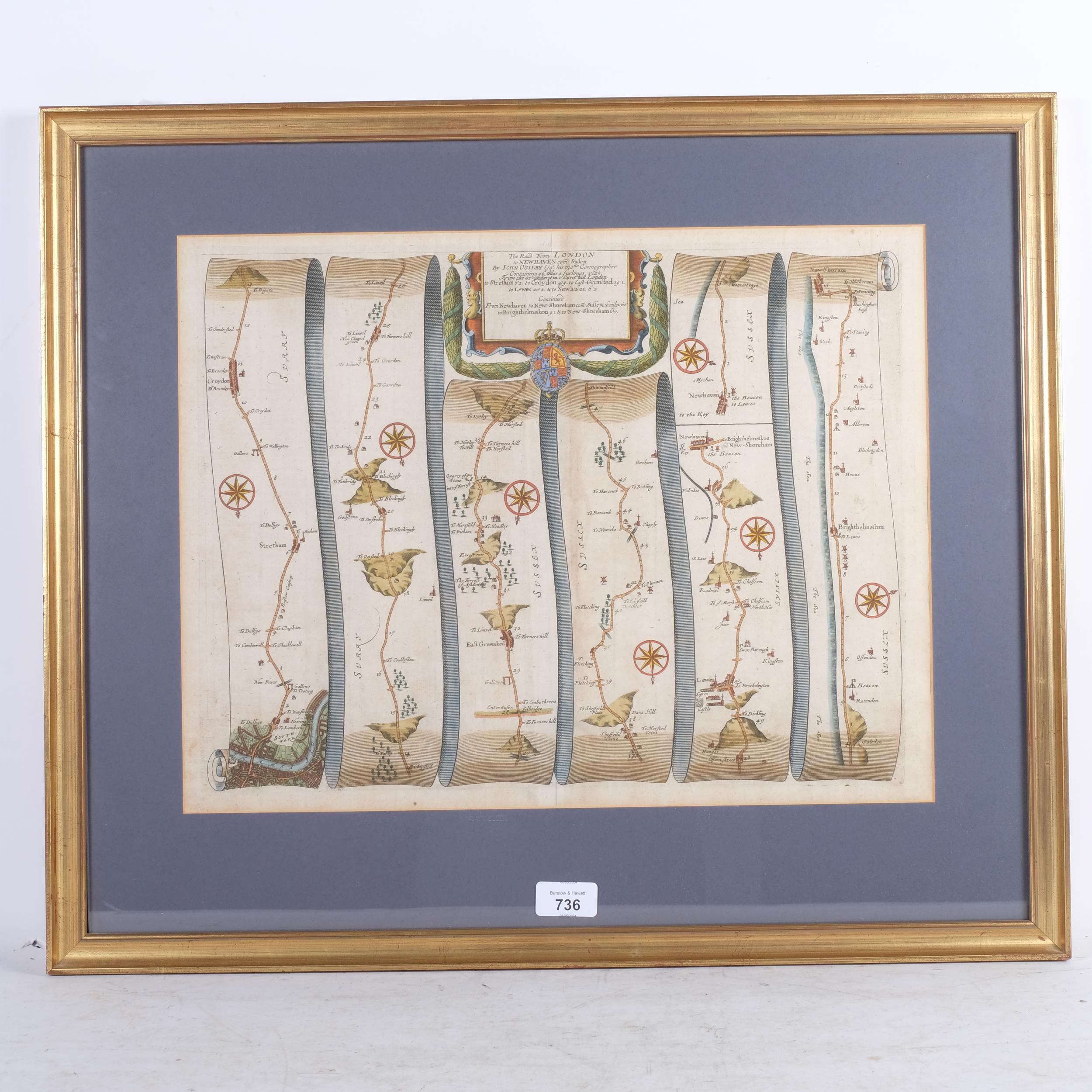 18th century hand coloured map, the Road From London to Newhaven, by John Ogilvie, 54cm x 63cm - Image 2 of 2