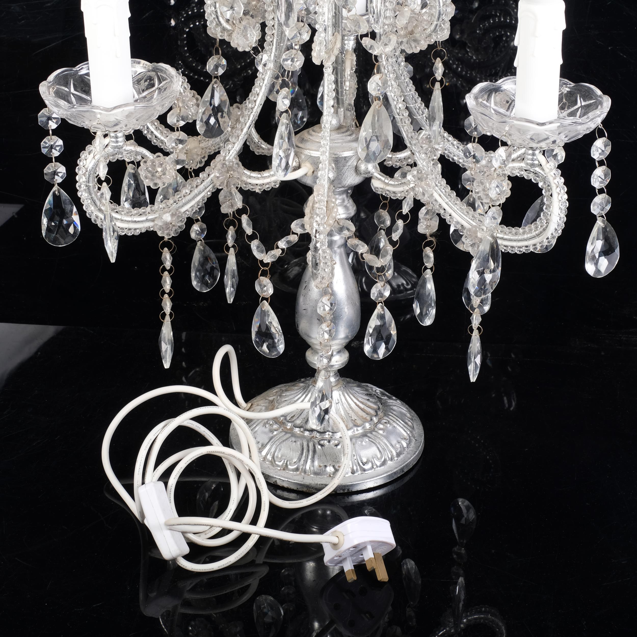 A heavy silvered 6-branch 3-light candelabrum, with applied glass beads and lustre drops, H55cm - Image 2 of 2