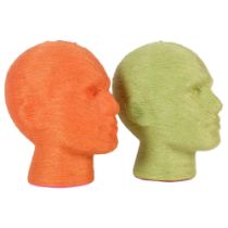 2 polystyrene string-bound busts in green and orange, H27cm