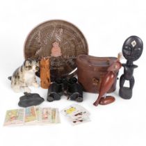 Leather-cased Paris binoculars, a Winstanley kitten, figures, etc