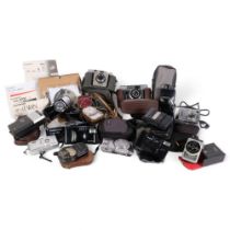 A quantity of Vintage cameras and equipment, including a Lumix Panasonic FS16, in original box