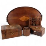 An Edwardian oval mahogany galleried tray, marquetry inlaid walnut writing box, a pipe rack,
