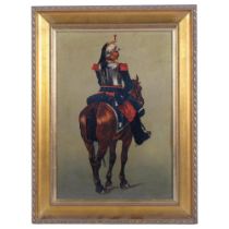 Oil on panel, study of a soldier on horseback, 42cm x 32cm overall, framed