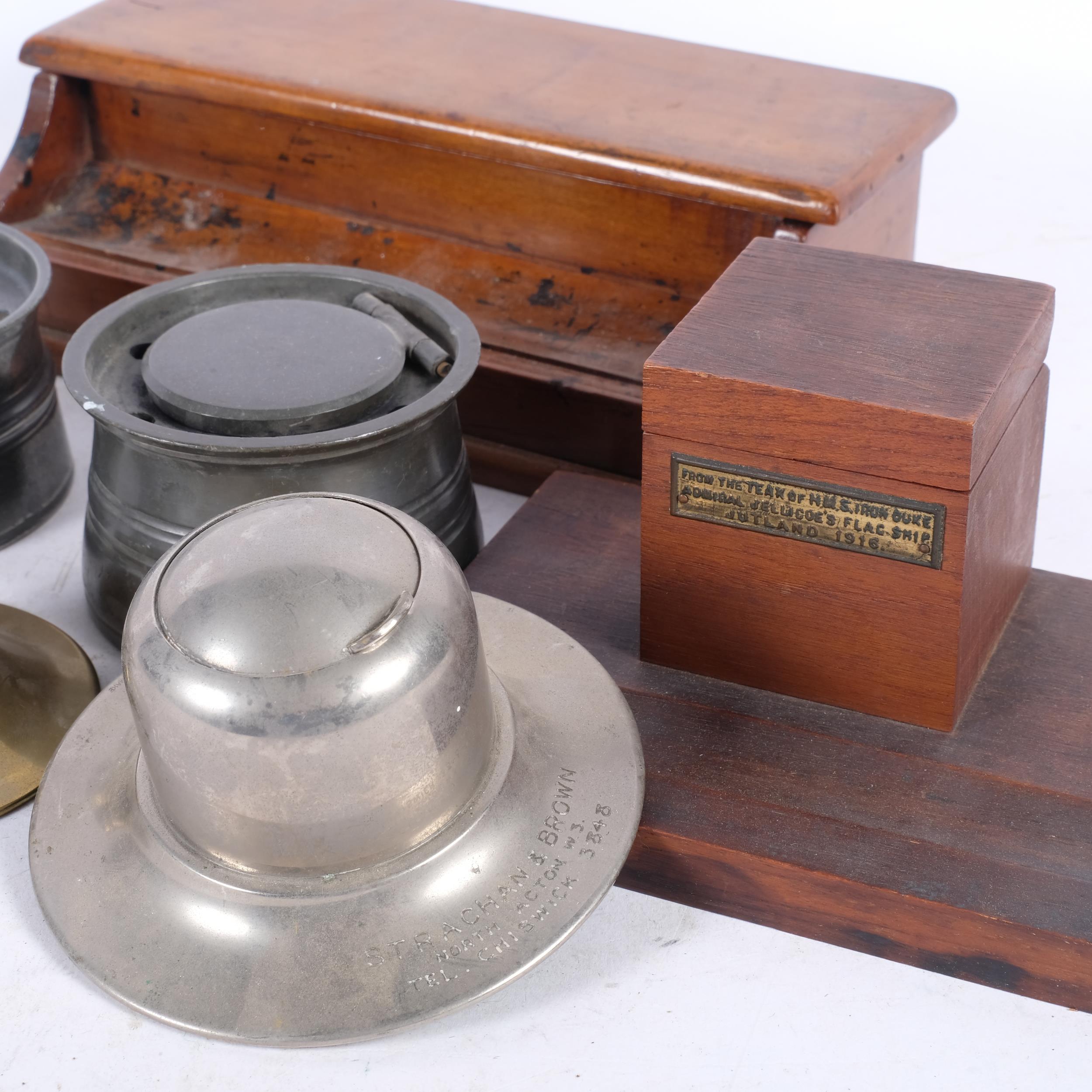 Deskstand with 3 inkwells, and 6 other metal and wood inkwells - Image 2 of 2