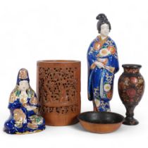 A relief carved bamboo brush pot, H18cm, 2 hand painted and enamelled pottery figures, a Kashmiri