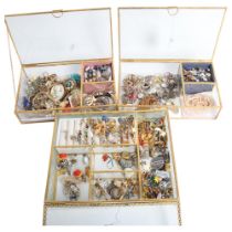 3 display cases of mixed Vintage and other costume brooches, rings, earrings, etc