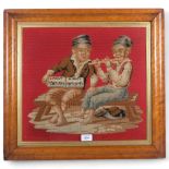 A pair of Victorian maple-framed cross-stitch pictures, boys playing cards, and 2 musicians, 51cm