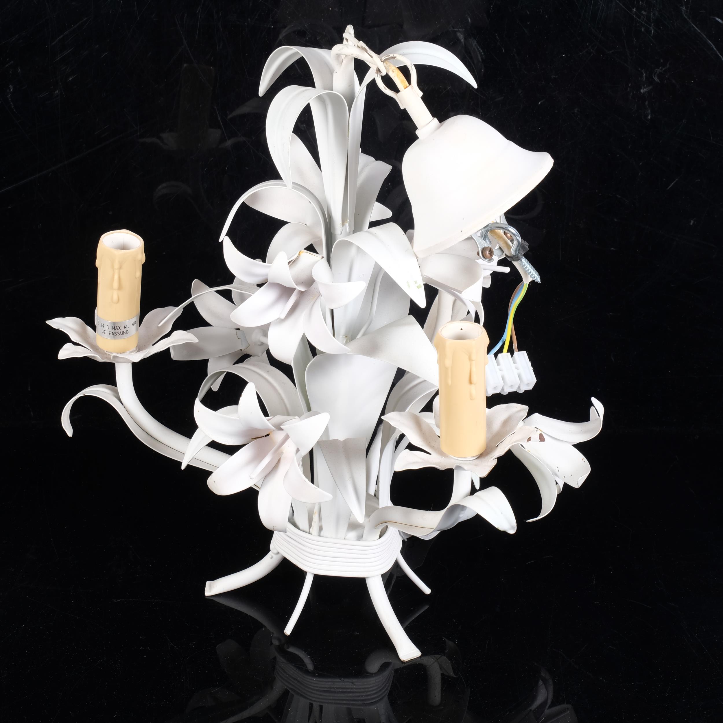 A white metal floral light fitting, with 3-branch candle mounts, drop 55cm - Image 2 of 2