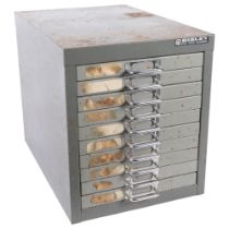 A Vintage Bisley grey metal industrial table-top cabinet, with 10 drawers, 28cm x 32cm x 41cm