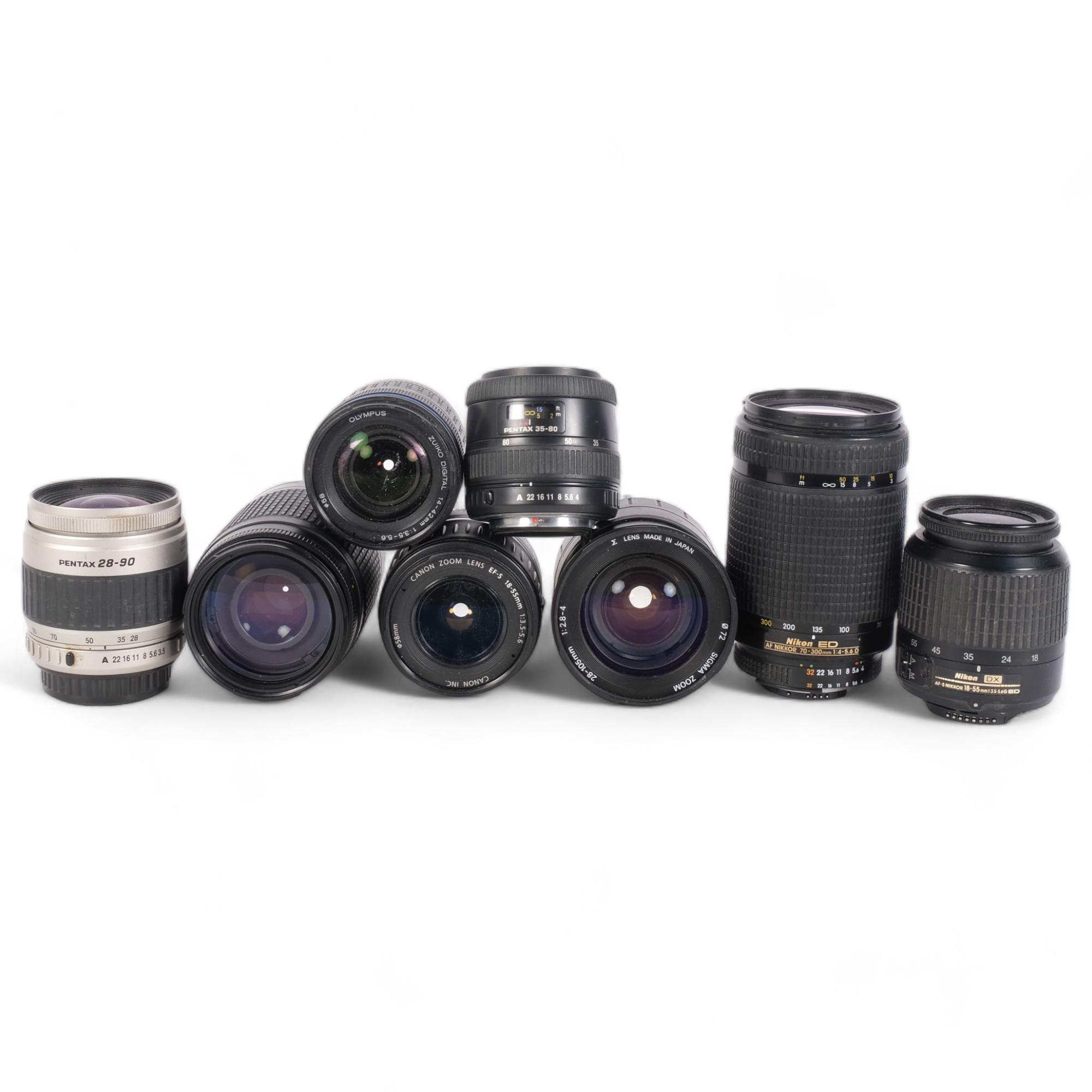 A quantity of Vintage camera lenses, various brands including Nikon, Nikkor, Sigma, Pentax, Olympus,