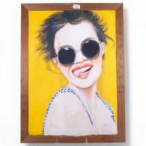 Clive Fredriksson, acrylics on board, portrait of a girl wearing sunglasses, framed, 77cm x 57cm
