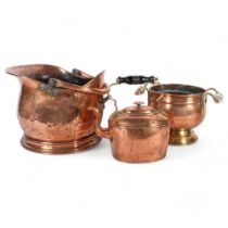 Antique copper coal bucket with swing handle, Victorian oval copper kettle, and a Dutch jardiniere