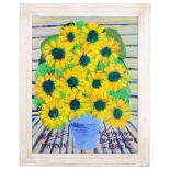 Royston Du Maurier Lebek, acrylics on canvas, yellow daisies in painted wood frame, 53cm x 43cm