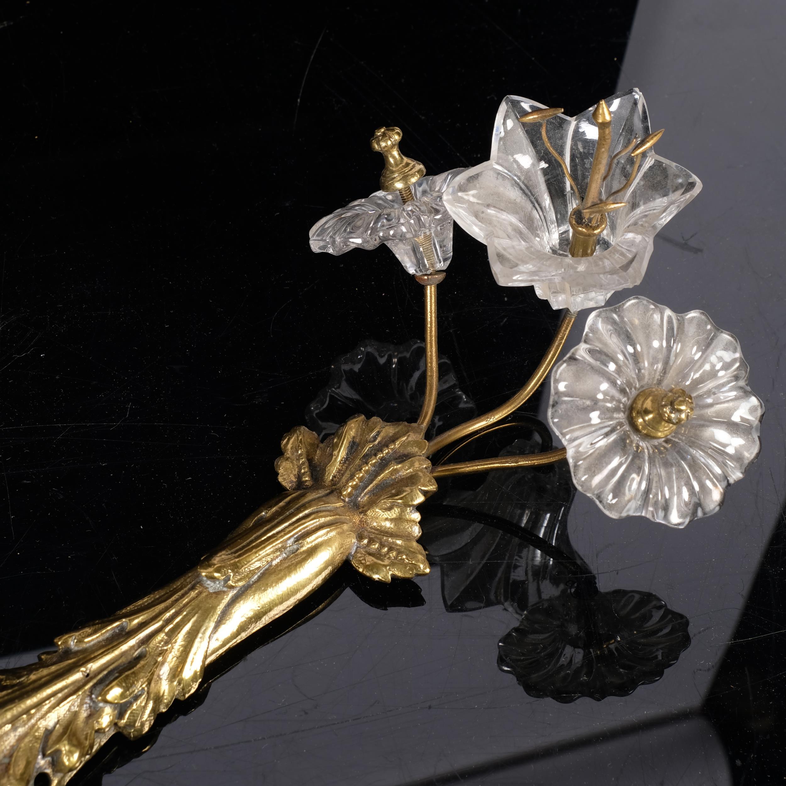 A pair of ornate cast-brass twin wall lights, with glass floral decoration, H45cm - Image 2 of 2