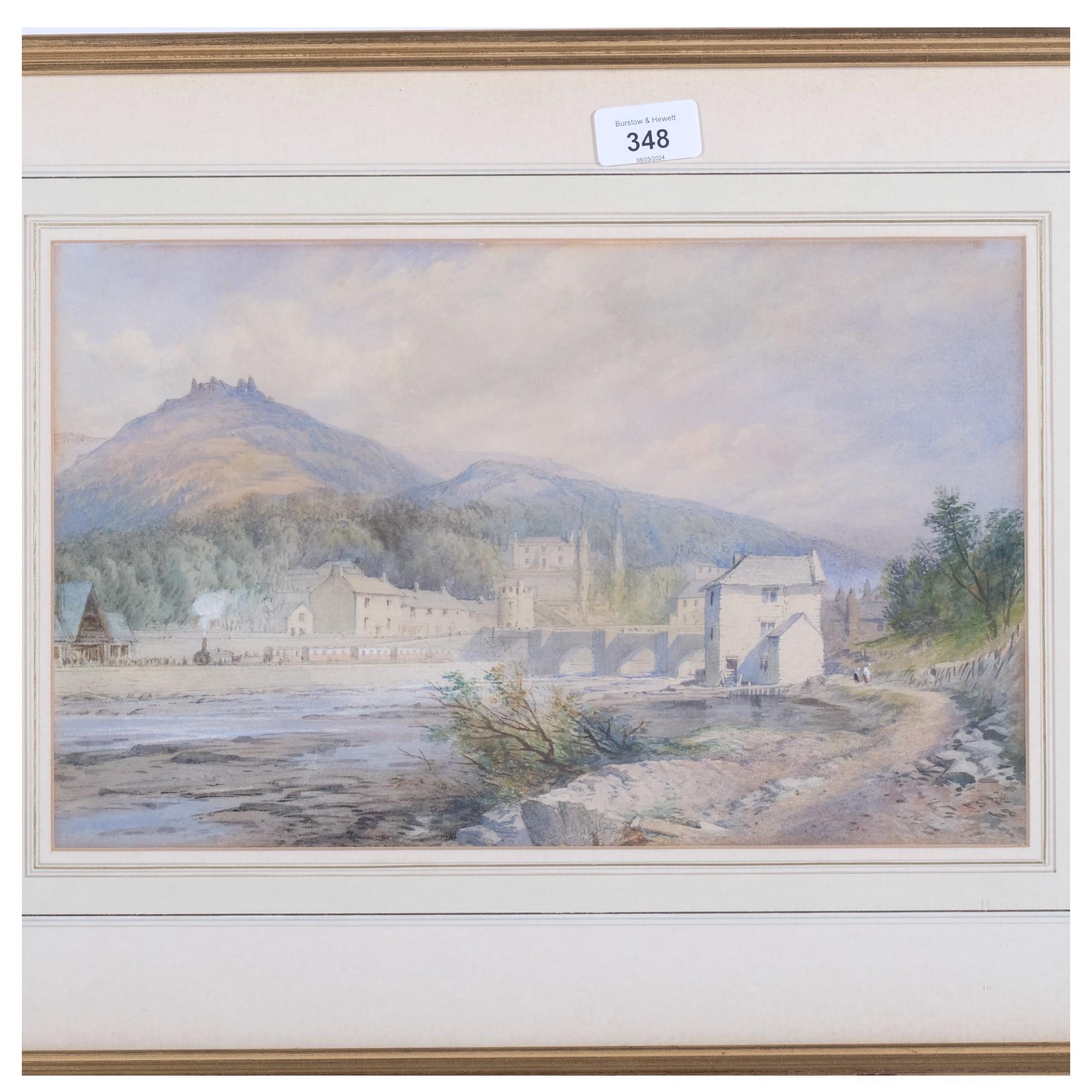 A watercolour, buildings and valley landscape, unsigned, label to reverse "by the late Thomas