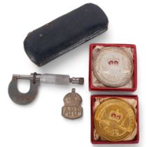 2 Coronation Regatta medallions, dated 1953, a silver ARP badge, and a miniature micormeter