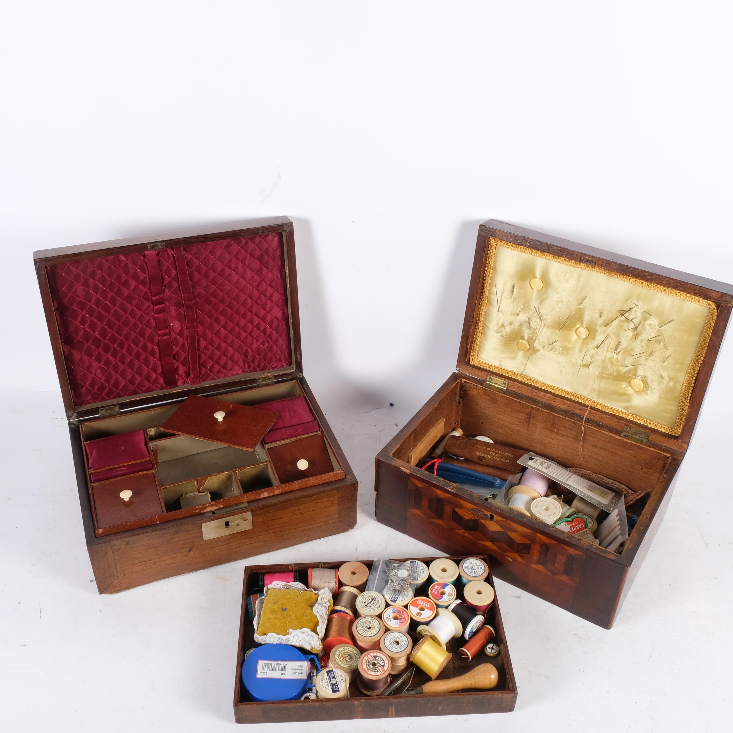 Antique marquetry-work sewing box and contents, and another with mother-of-pearl inlay to the lid, - Image 2 of 2