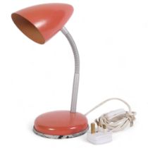 A mid 20th century table light, red steel shade and base with adjustable swan neck, manufacturers