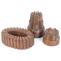 3 Vintage copper and tin jelly/cake moulds, tallest 15cm