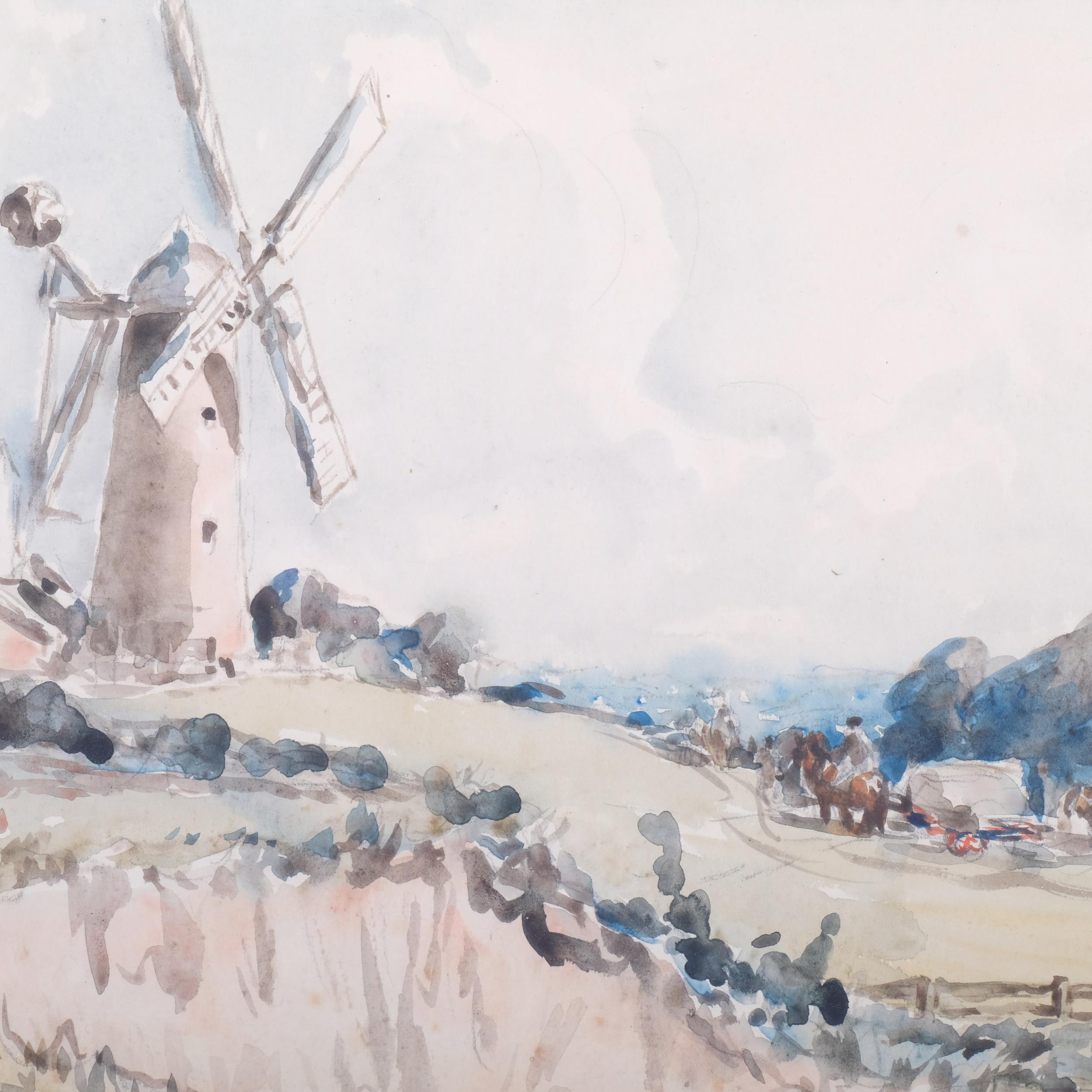 Landscape view towards a windmill, early to mid-20th century watercolour, unsigned, 24cm x 35cm, - Image 2 of 2