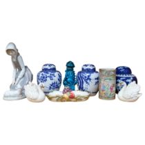 Pair of ginger jars and another, a Canton pot, H10.5cm, swan cruet, NAO group, etc