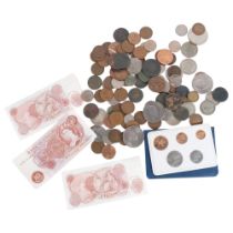 A quantity of pre-decimal British coins, 3 ten shilling banknotes, and a small quantity of silver