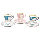 3 Naples porcelain cabinet cups and saucers, with floral swag and gilded decoration, cup height 8cm