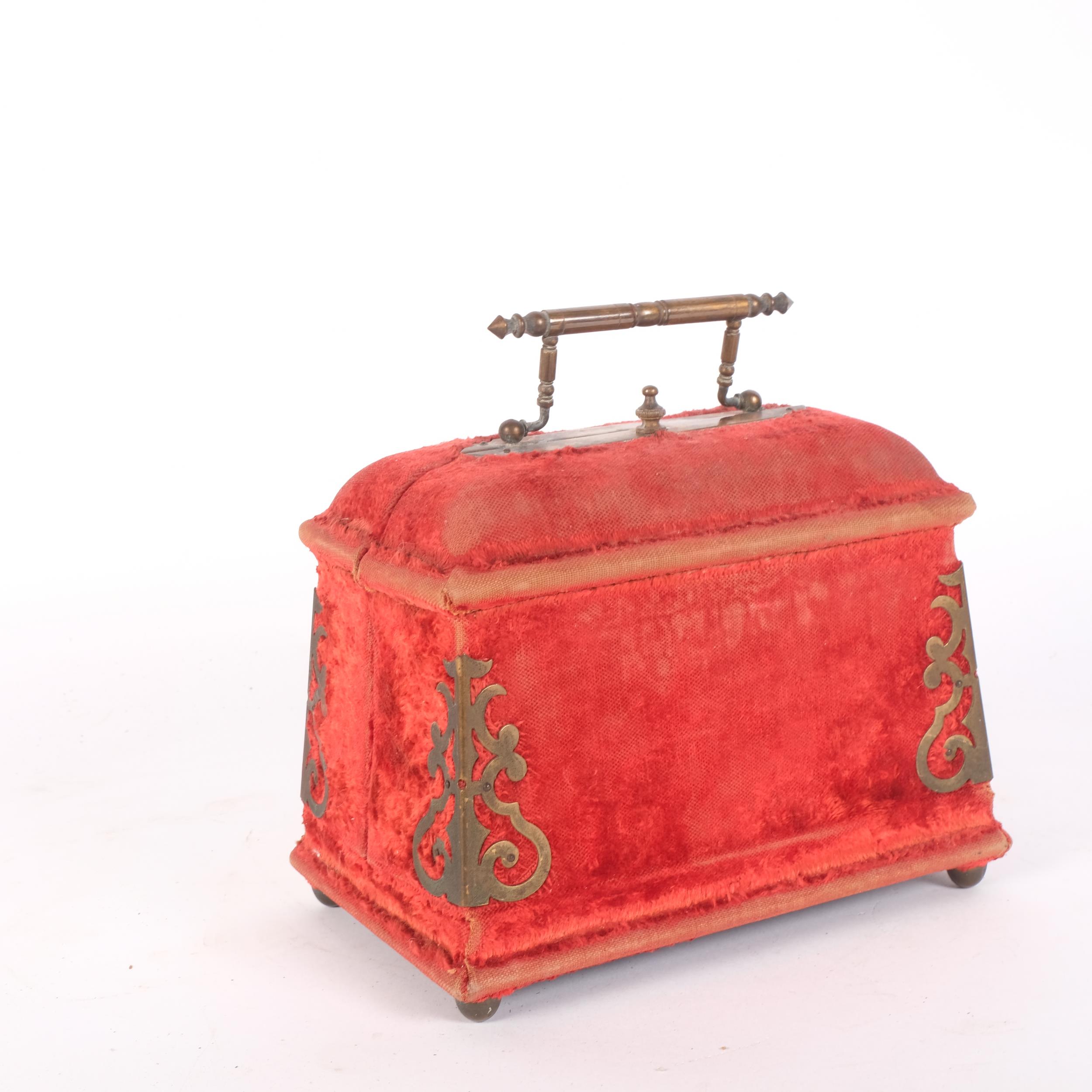 An Antique velvet-covered travelling vanity/sewing box, the interior fitted with 2 glass scent - Image 2 of 2