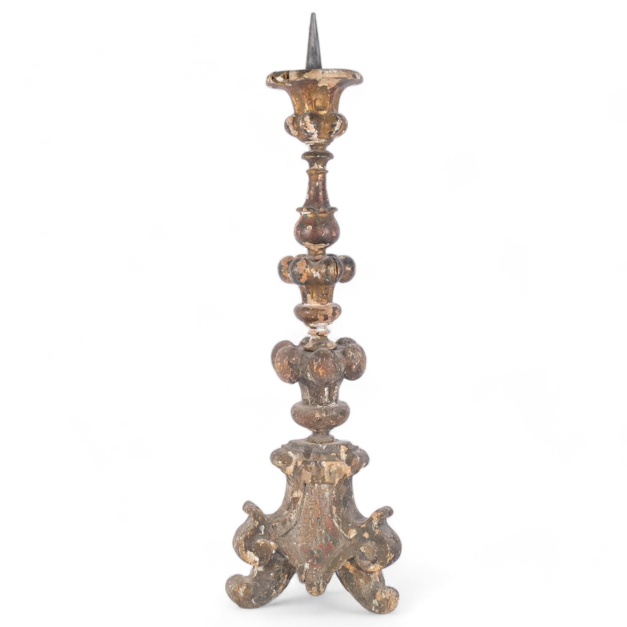 19th century Italian giltwood and gesso pricket candlestick, H75cm