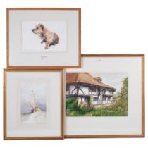 Peter Fuller - 3 framed watercolour paintings depicting Erskine Court, a sailing boat, and a dog "