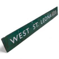 A Southern Railways green and white enamelled Running In sign for West St Leonards, L360cm