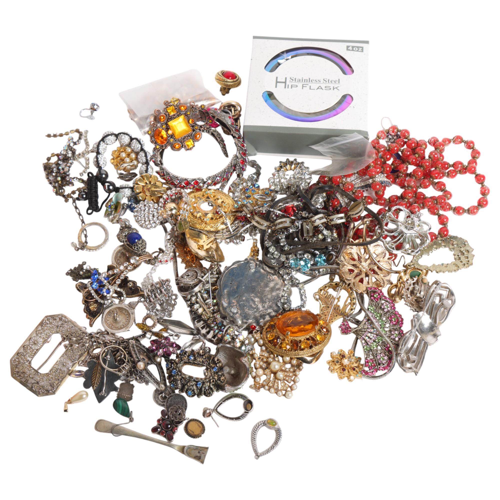 A box of various costume earrings, brooches, necklaces, including some silver