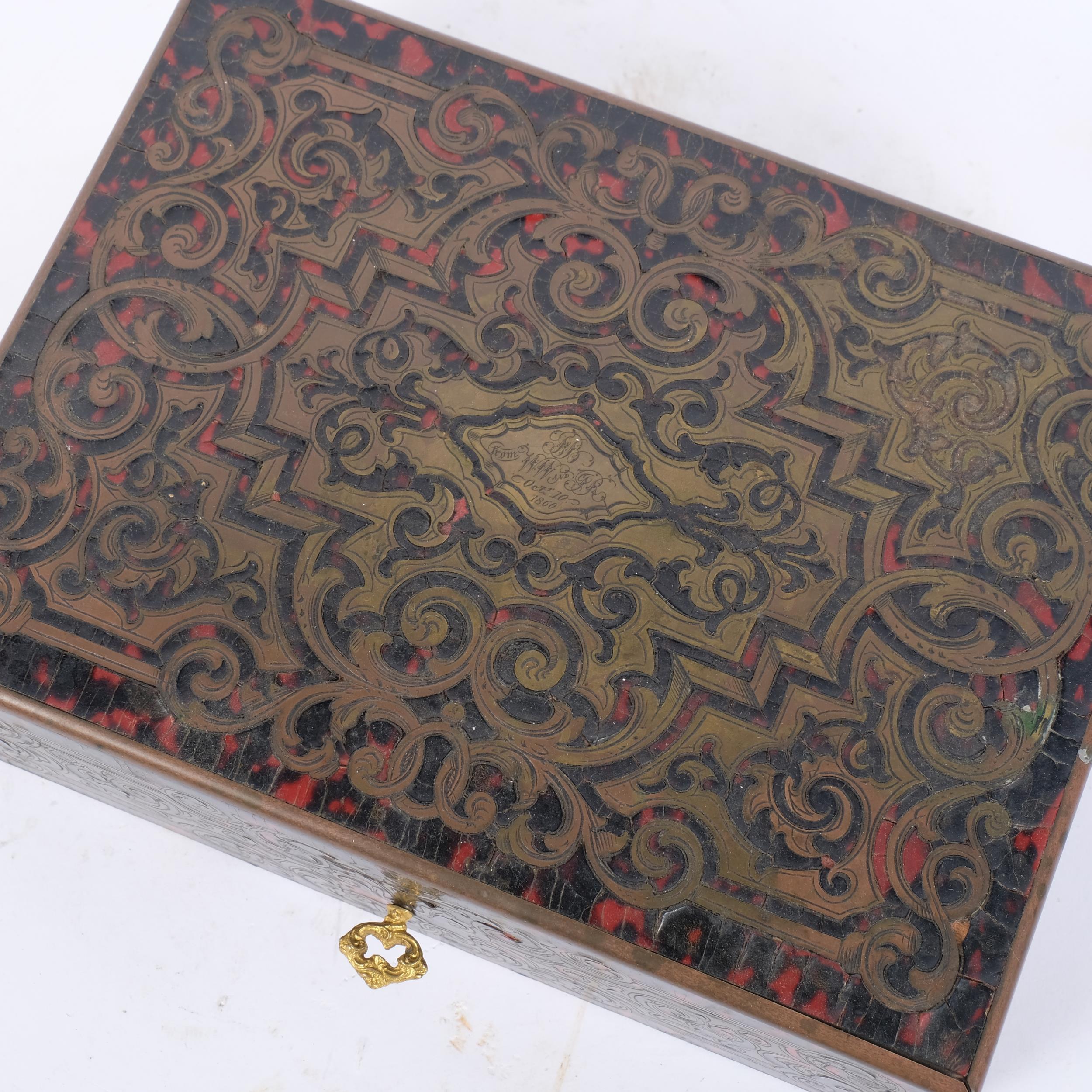 A 19th century boulle-work lady's sewing box, having a blue silk fitted interior with lift-out tray, - Image 2 of 2