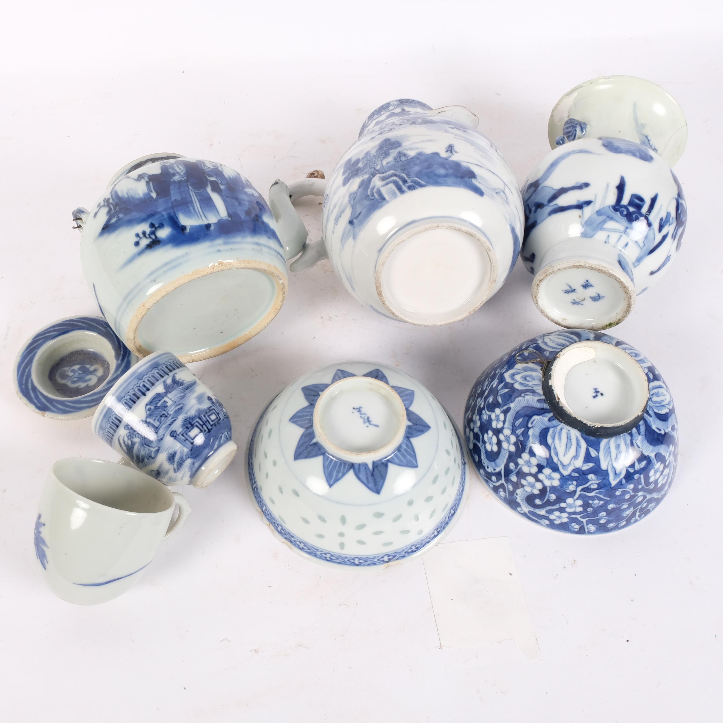 A group of Antique Chinese blue and white items, including a vase, teapot, coffee pot, 2 bowls, - Image 2 of 2