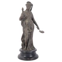 A patinated spelter figure of a Grecian lady, on a painted black metal stand, H35cm