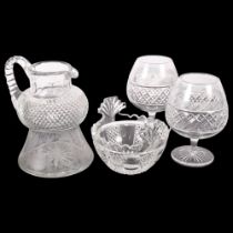 A Waterford Crystal 2-handled bowl, 13cm across, an engraved cut-glass jug, and a pair of Tudor