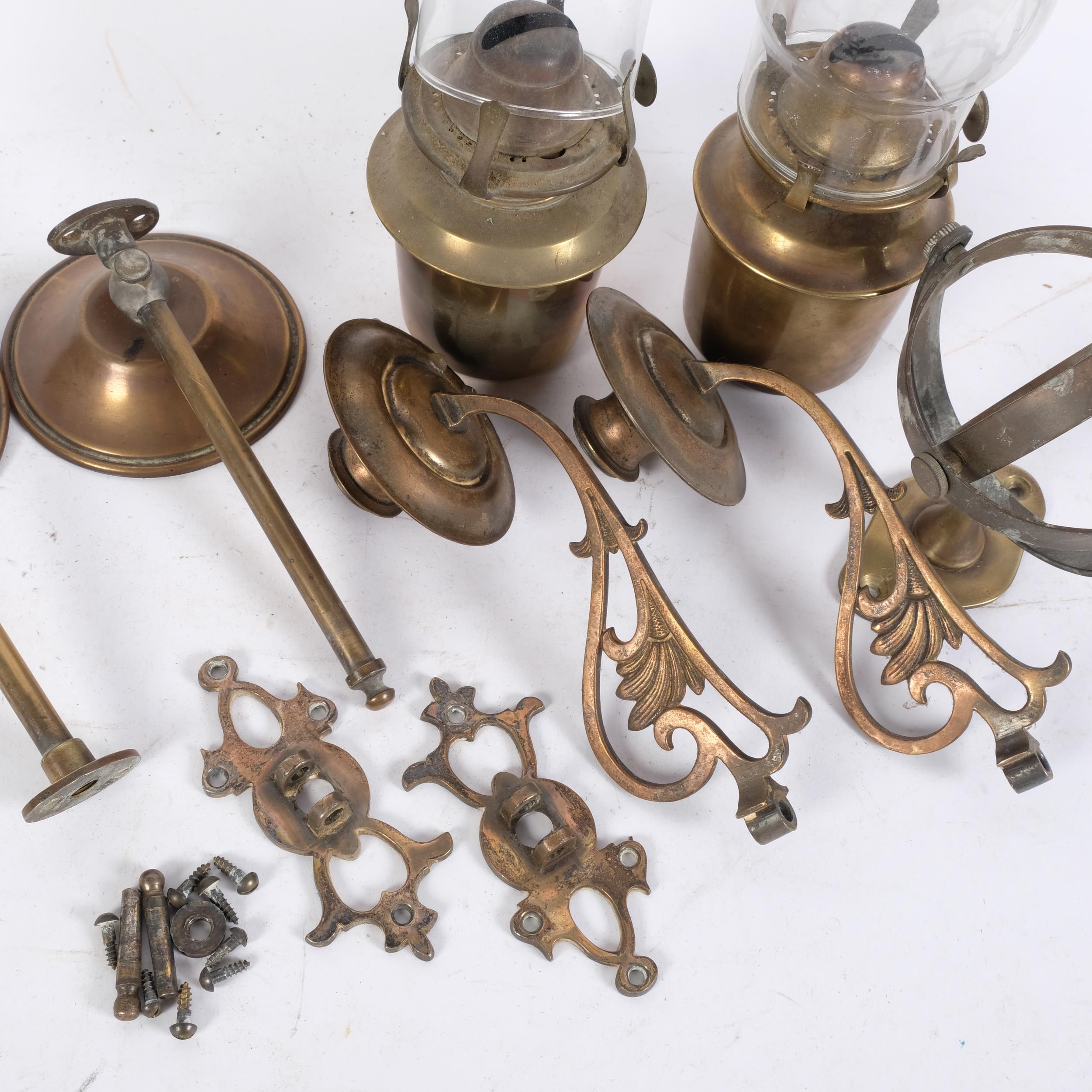 2 Antique gimballed brass oil lamps, etc - Image 2 of 2
