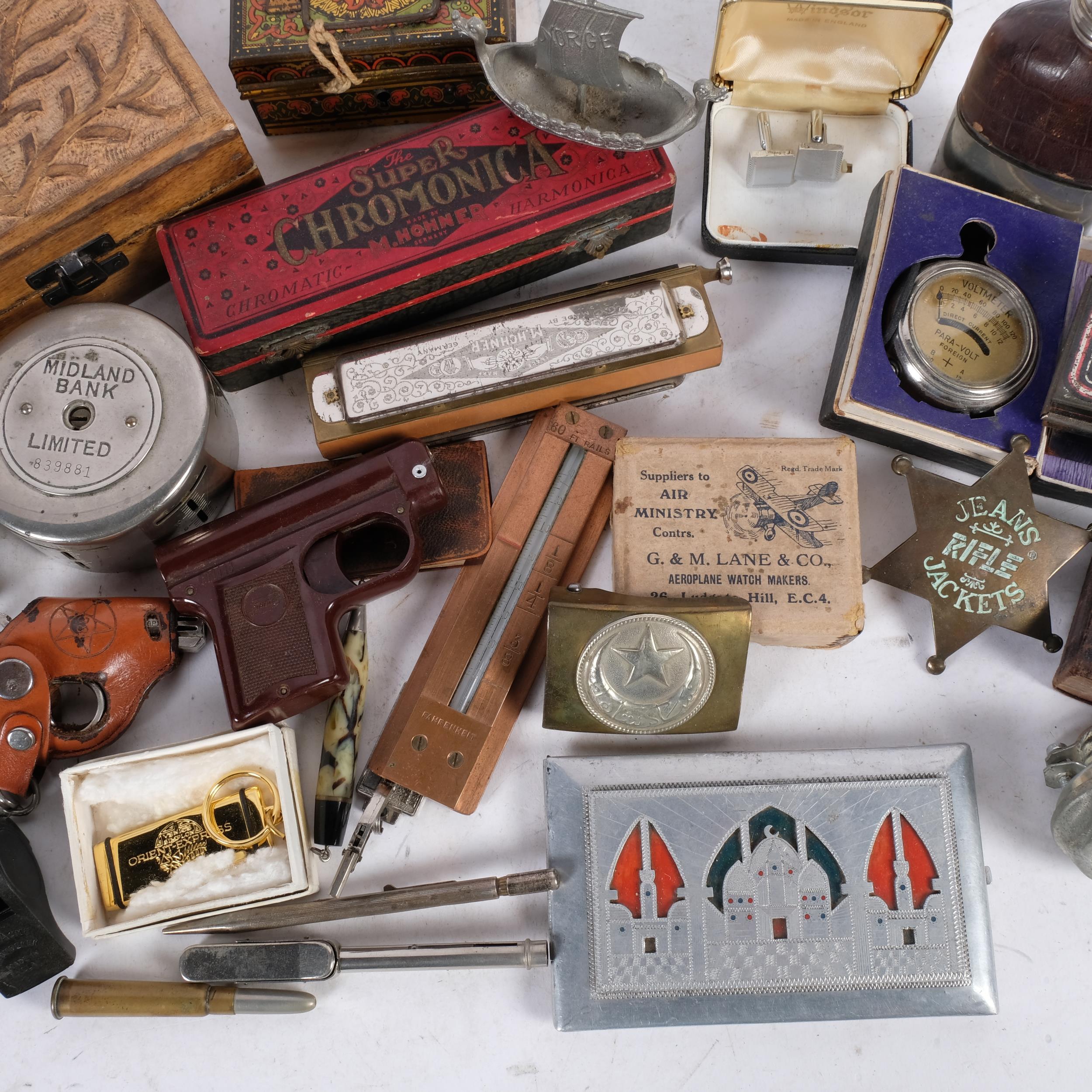 Midland Bank and Post Office money boxes, and 2 others, a harmonica, Bakelite pistol-shape cigarette - Image 2 of 2