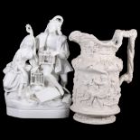 A Continental porcelain group, male and female artisan figures, seated on rock with bird cages on