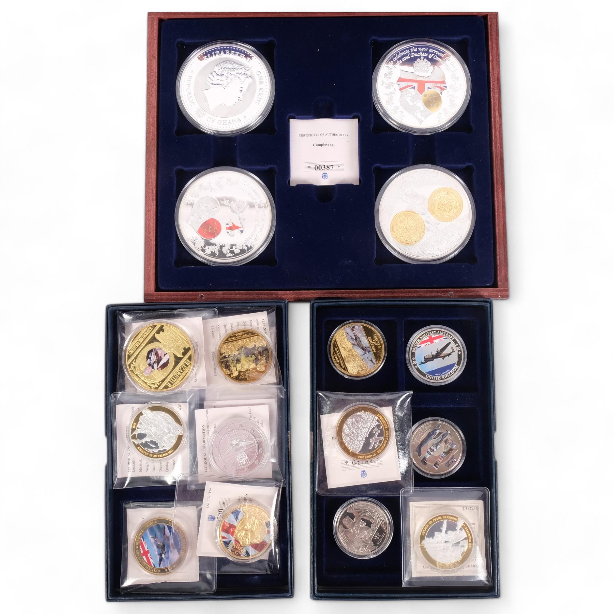 A cased set of Republic of Ghana commemorative coins, and various others, including RAF, World War