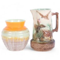 A Shelley banded drip glaze vase, H17cm, and a 19th century Majolica jug, with bird decoration