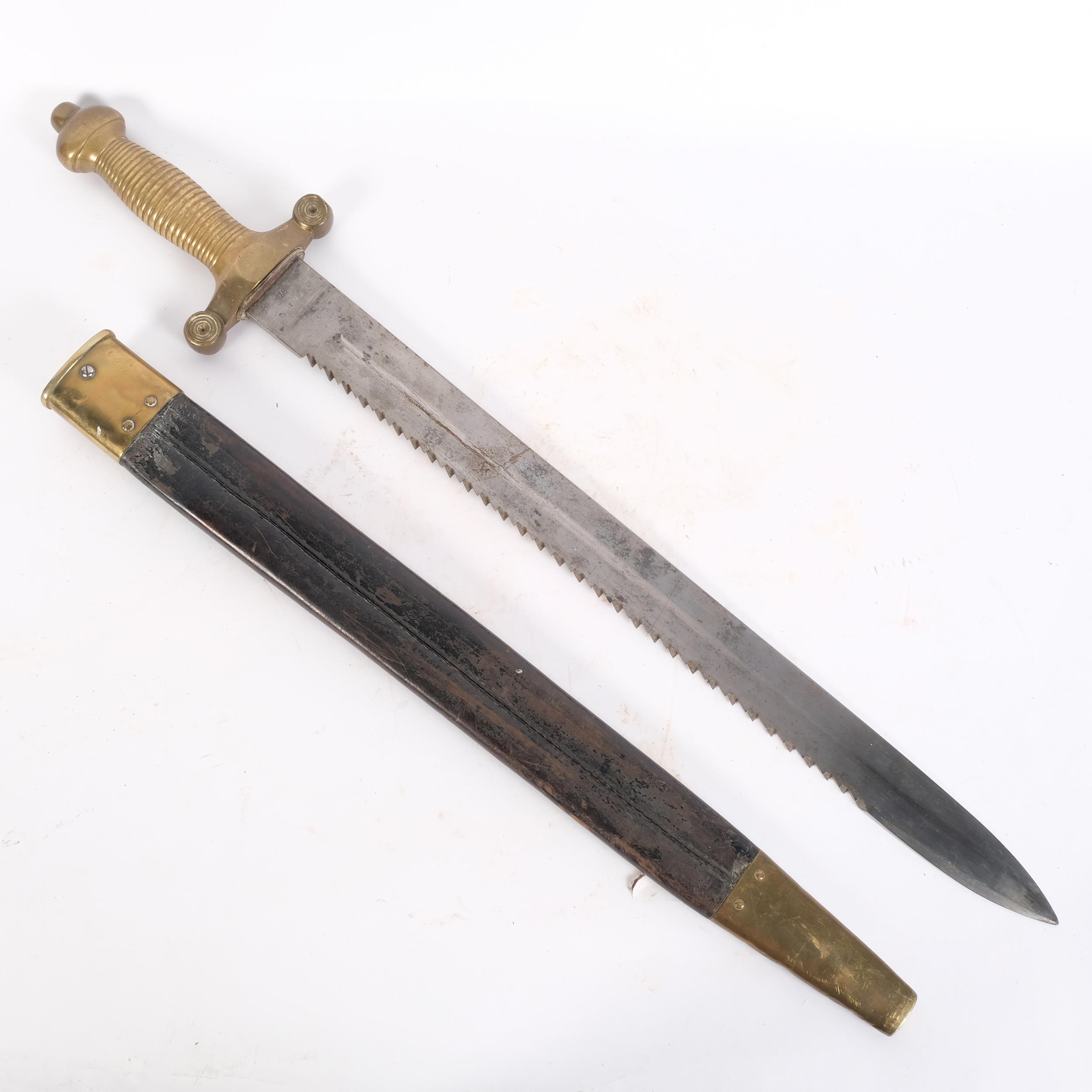 A 19th century Swiss pioneer gladius, with a steel double saw teeth blade, brass pommel and handle - Image 2 of 2